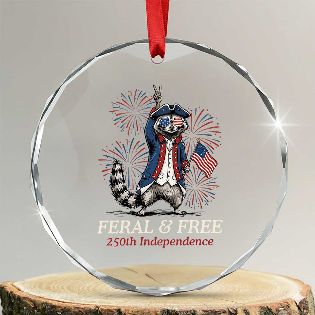 Feral and Free Funny Raccoon 4th of July Crystal Glass Ornament USA 250 Years Freedom Independence Anniversary Gift TS14 Transparent Glass 3'' Circle Print Your Wear