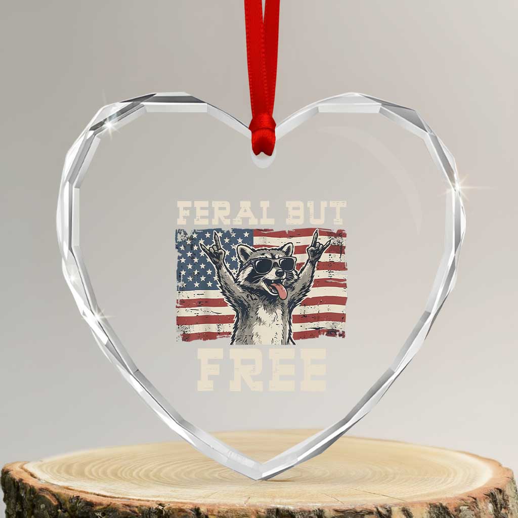 Feral But Free Funny Raccoon Patriotic Heart Crystal Glass Ornament Cool American Flag Sunglasses Rock On Hand Signs Vintage USA Flag