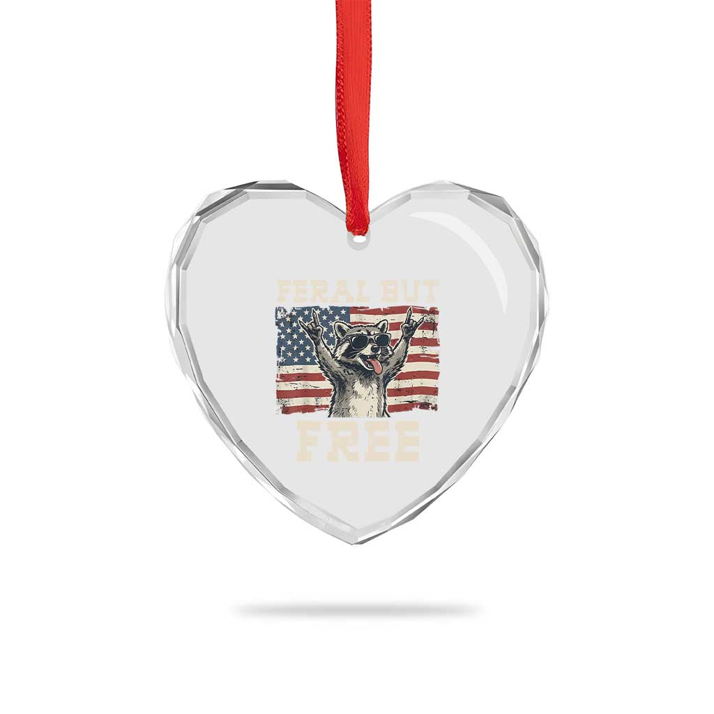 Feral But Free Funny Raccoon Patriotic Heart Crystal Glass Ornament Cool American Flag Sunglasses Rock On Hand Signs Vintage USA Flag