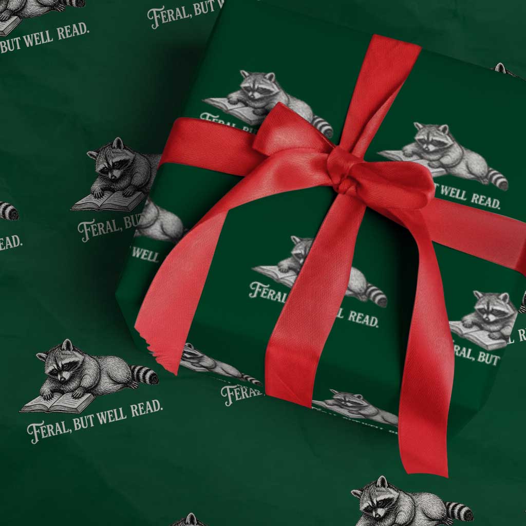 Feral But Well Read Wrapping Paper Roll Funny Raccoon Reading Book Lover TS14 Green Print Your Wear