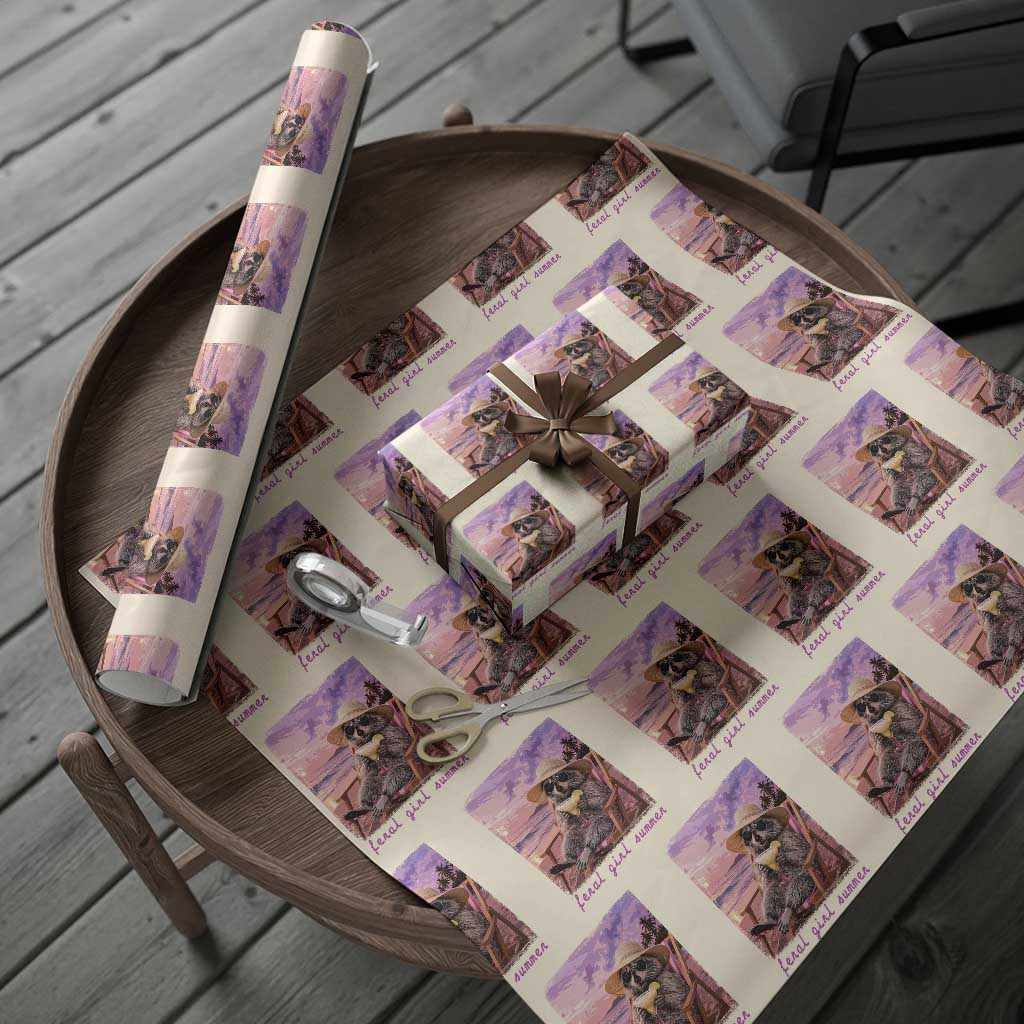 Feral Girl Summer Wrapping Paper Roll Funny Raccoon Summer Beach Meme TS14 Beige Print Your Wear