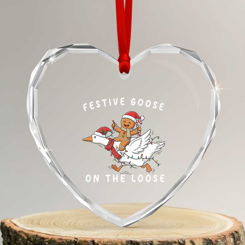 Festive Goose On The Loose Christmas Heart Crystal Glass Ornament Funny Goose Gingerbread Xmas TS14 Transparent Glass 3'' Heart Print Your Wear