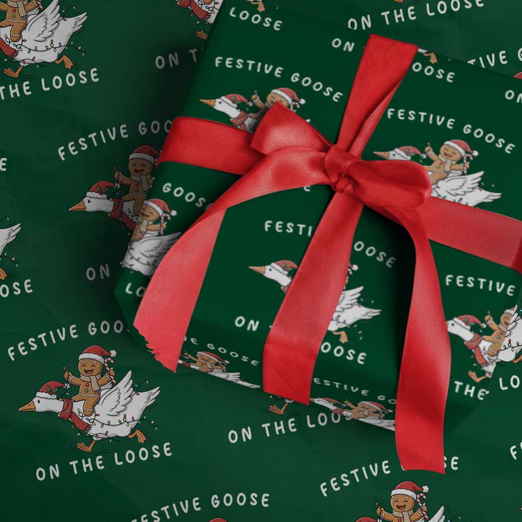 Festive Goose On The Loose Christmas Wrapping Paper Roll Funny Goose Gingerbread Xmas TS14 Green Print Your Wear