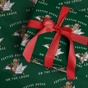 Festive Goose On The Loose Christmas Wrapping Paper Roll Funny Goose Gingerbread Xmas TS14 Green Print Your Wear