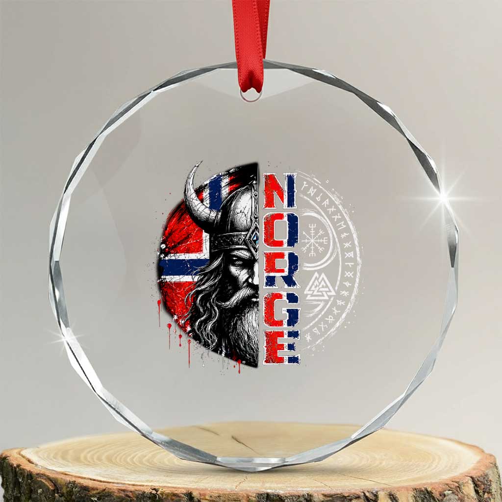 Fierce Norge Viking Warrior with Horned Helmet Graphic Crystal Glass Ornament Norway Pride Distressed Norwegian Flag and Runes TS02 Transparent Glass 3'' Circle Print Your Wear