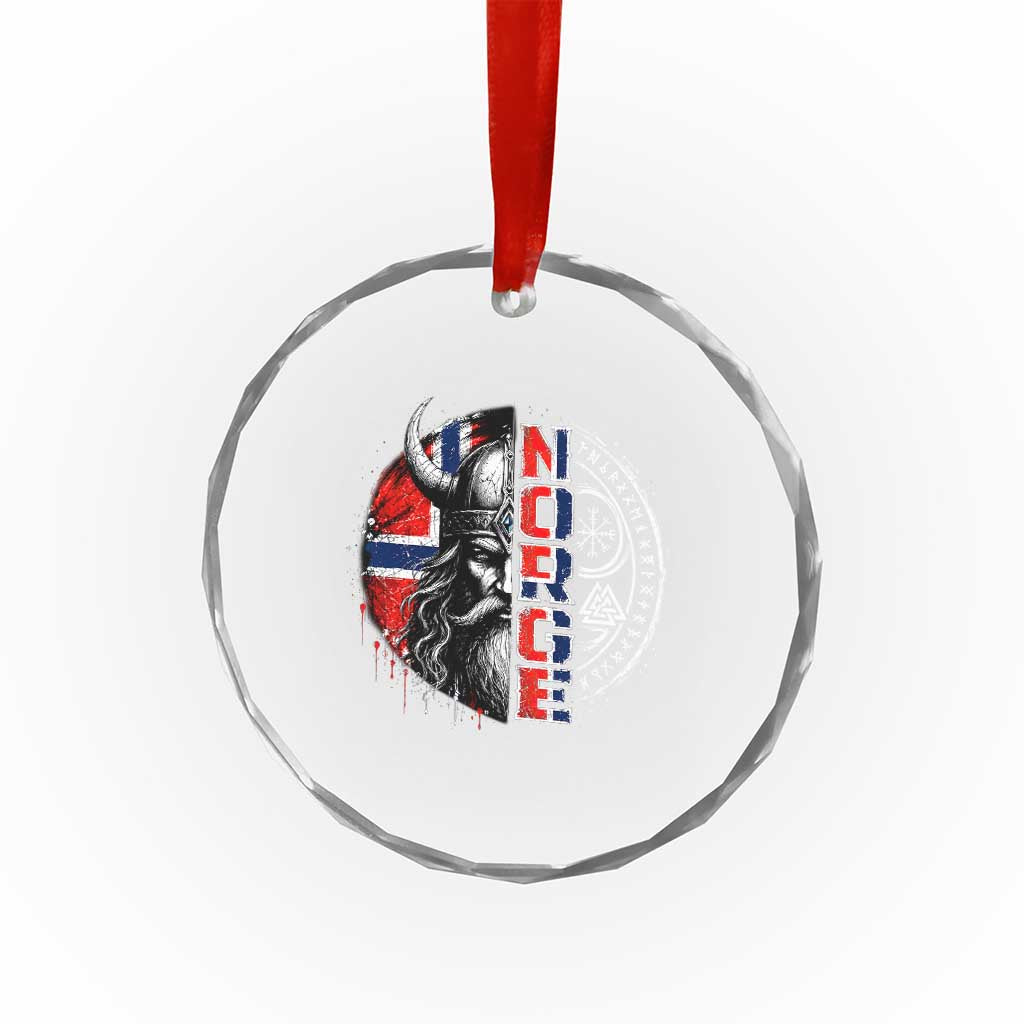Fierce Norge Viking Warrior with Horned Helmet Graphic Crystal Glass Ornament Norway Pride Distressed Norwegian Flag and Runes TS02 Print Your Wear