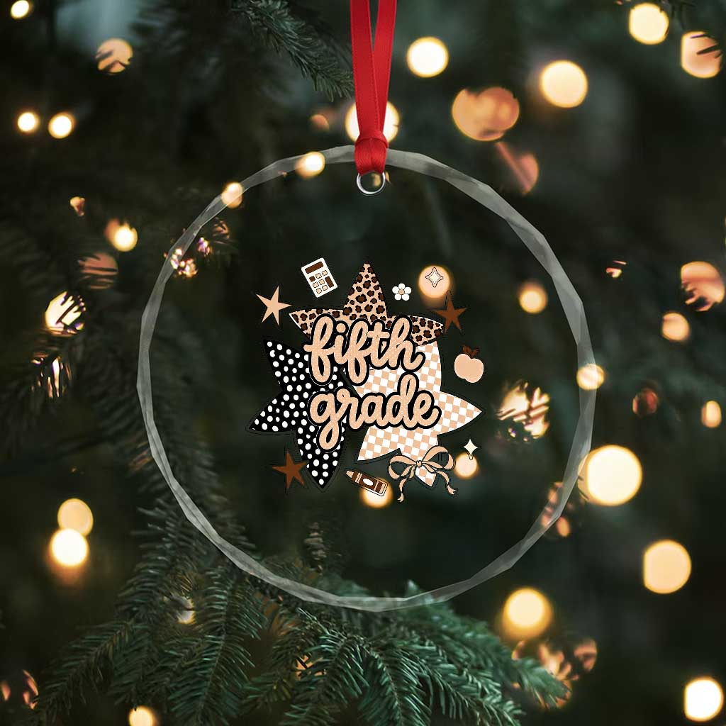 Fifth Grade Leopard Checkered Star Coquette Crystal Glass Ornament Cute 5th Grade Girl Back to School Gift
