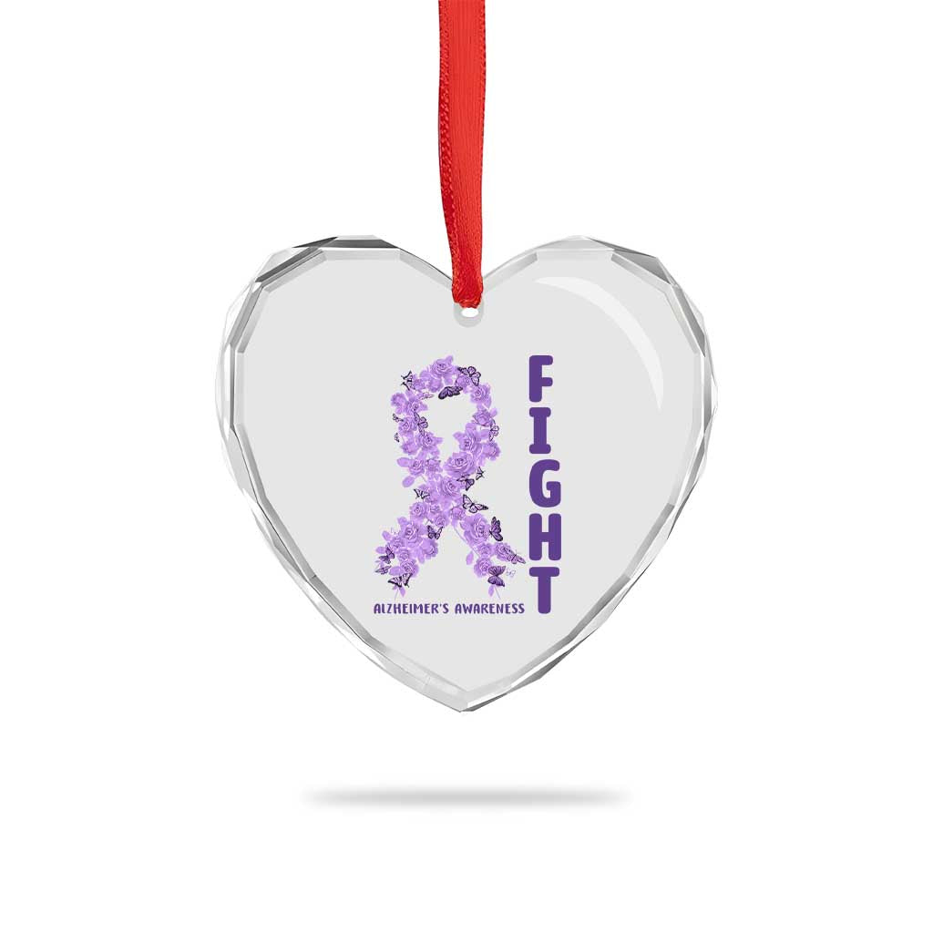 Fight Alzheimers Awareness Support Heart Crystal Glass Ornament Purple Ribbon Floral Butterfly