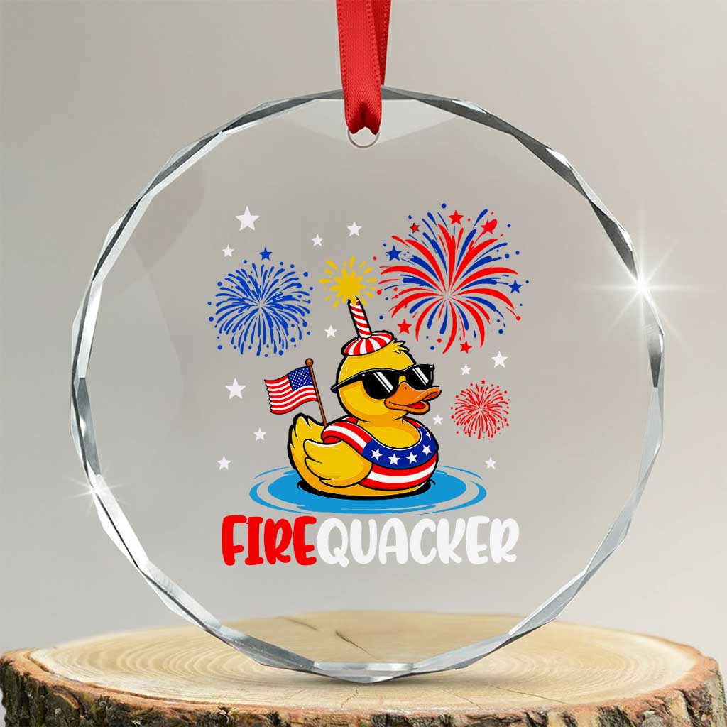 Firequacker Funny Patriotic Rubber Duck Crystal Glass Ornament Cool American Flag Sunglasses and Stars Swim Ring Summer Fireworks TS02 Transparent Glass 3'' Circle Print Your Wear