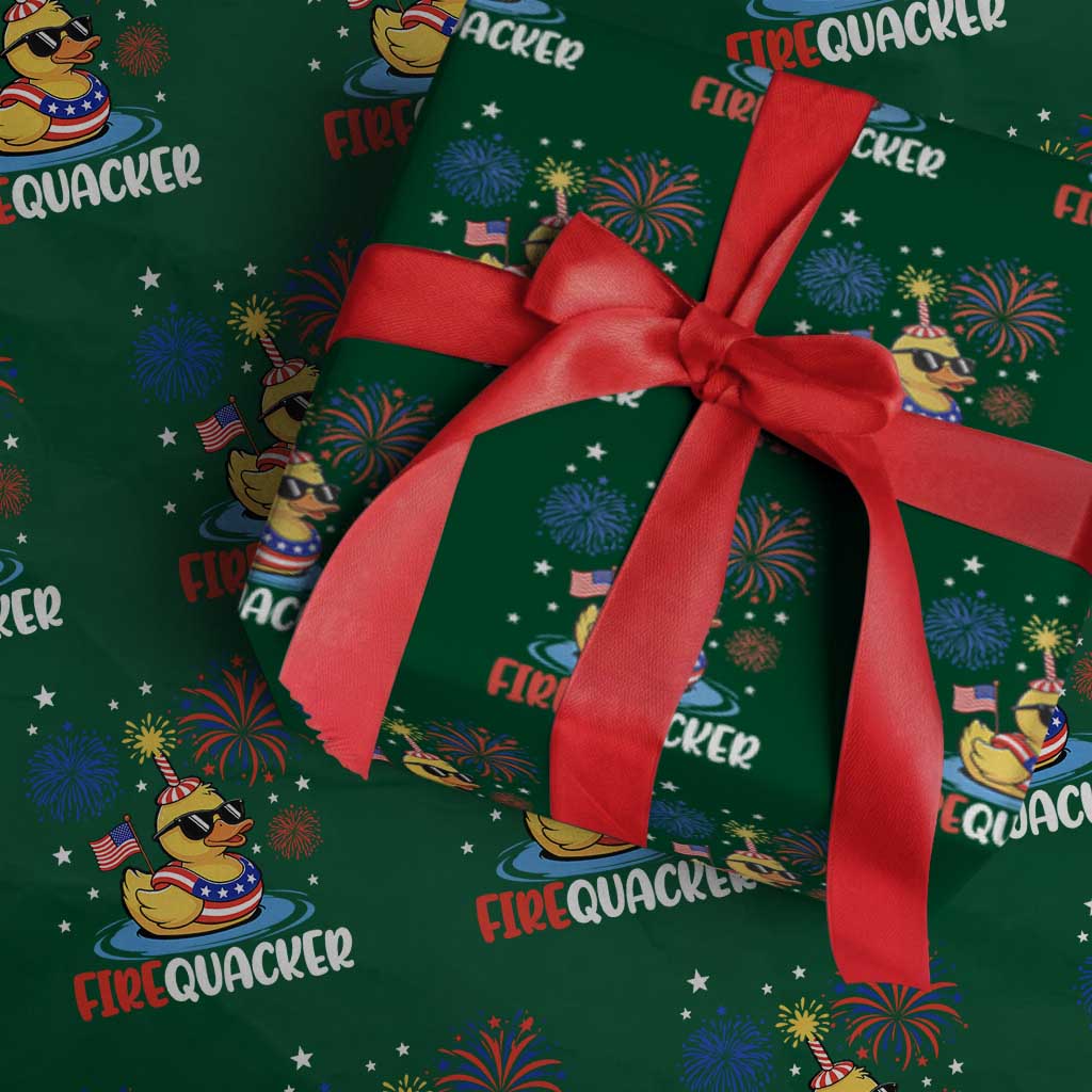 Firequacker Funny Patriotic Rubber Duck Wrapping Paper Roll Cool American Flag Sunglasses and Stars Swim Ring Summer Fireworks TS02 Green Print Your Wear