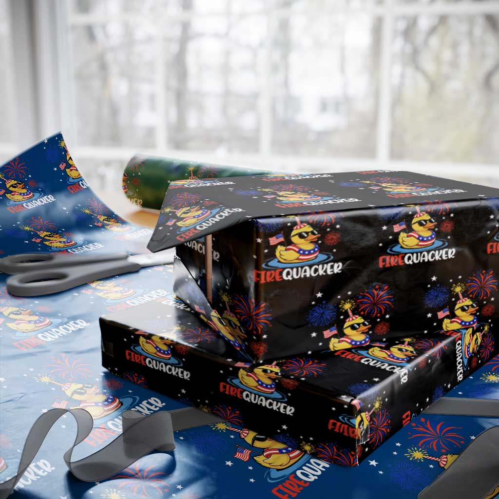 Firequacker Funny Patriotic Rubber Duck Wrapping Paper Roll Cool American Flag Sunglasses and Stars Swim Ring Summer Fireworks
