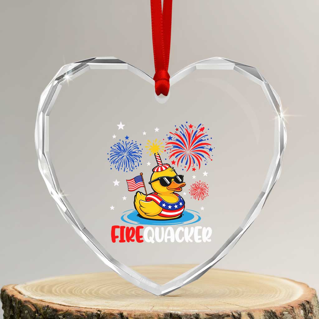 Firequacker Funny Patriotic Rubber Duck Heart Crystal Glass Ornament Cool American Flag Sunglasses and Stars Swim Ring Summer Fireworks TS02 Transparent Glass 3'' Heart Print Your Wear