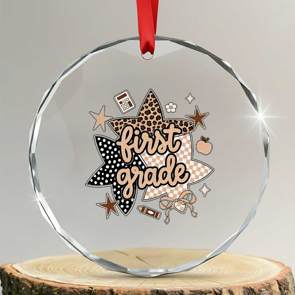 First Grade Leopard Checkered Star Coquette Crystal Glass Ornament Cute 1st Grade Girl Back to School Gift TS02 Transparent Glass 3'' Circle Print Your Wear