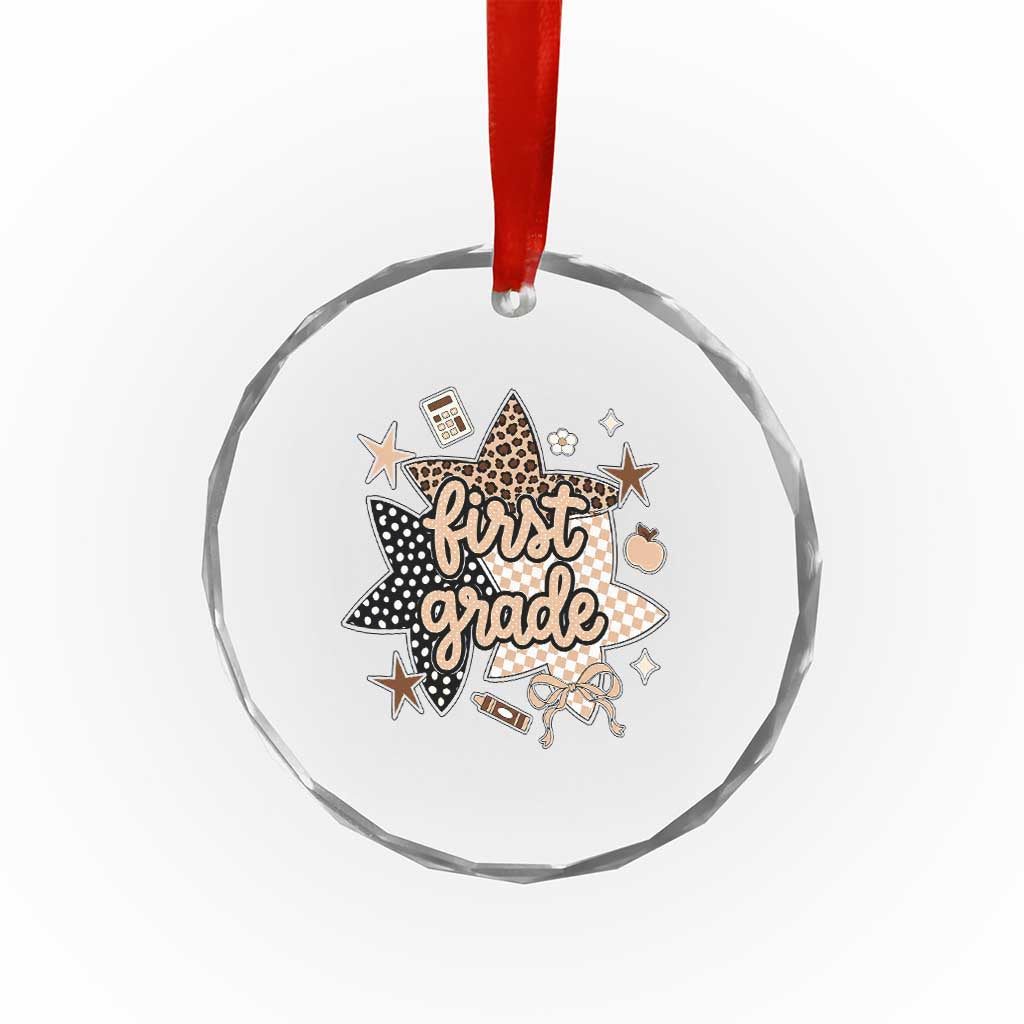 First Grade Leopard Checkered Star Coquette Crystal Glass Ornament Cute 1st Grade Girl Back to School Gift