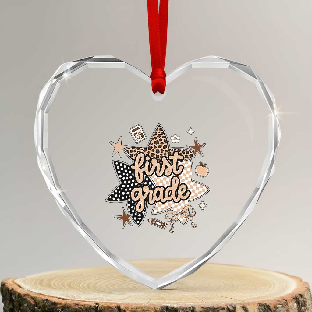 First Grade Leopard Checkered Star Coquette Heart Crystal Glass Ornament Cute 1st Grade Girl Back to School Gift TS02 Transparent Glass 3'' Heart Print Your Wear