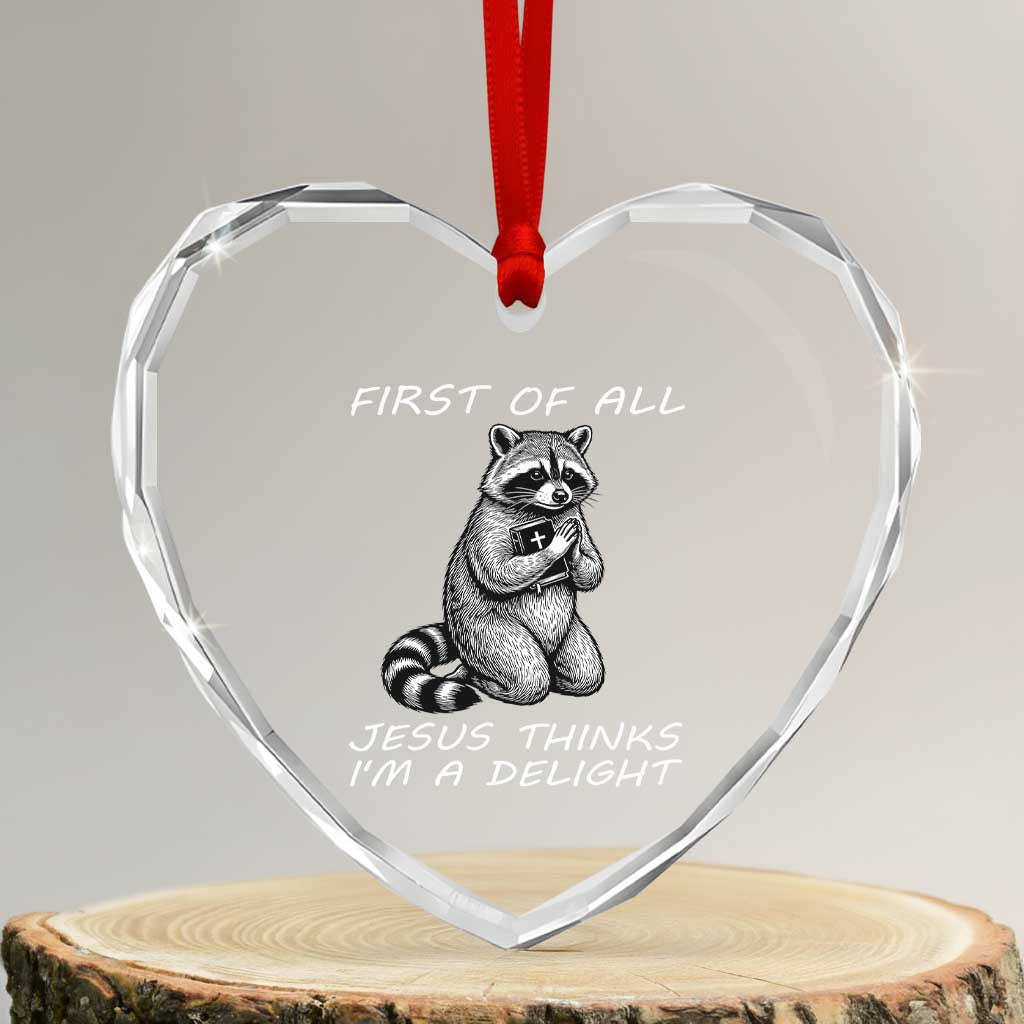 First of All Jesus Thinks I'm A Delight Heart Crystal Glass Ornament Funny Raccoon Christian TS14 Transparent Glass 3'' Heart Print Your Wear