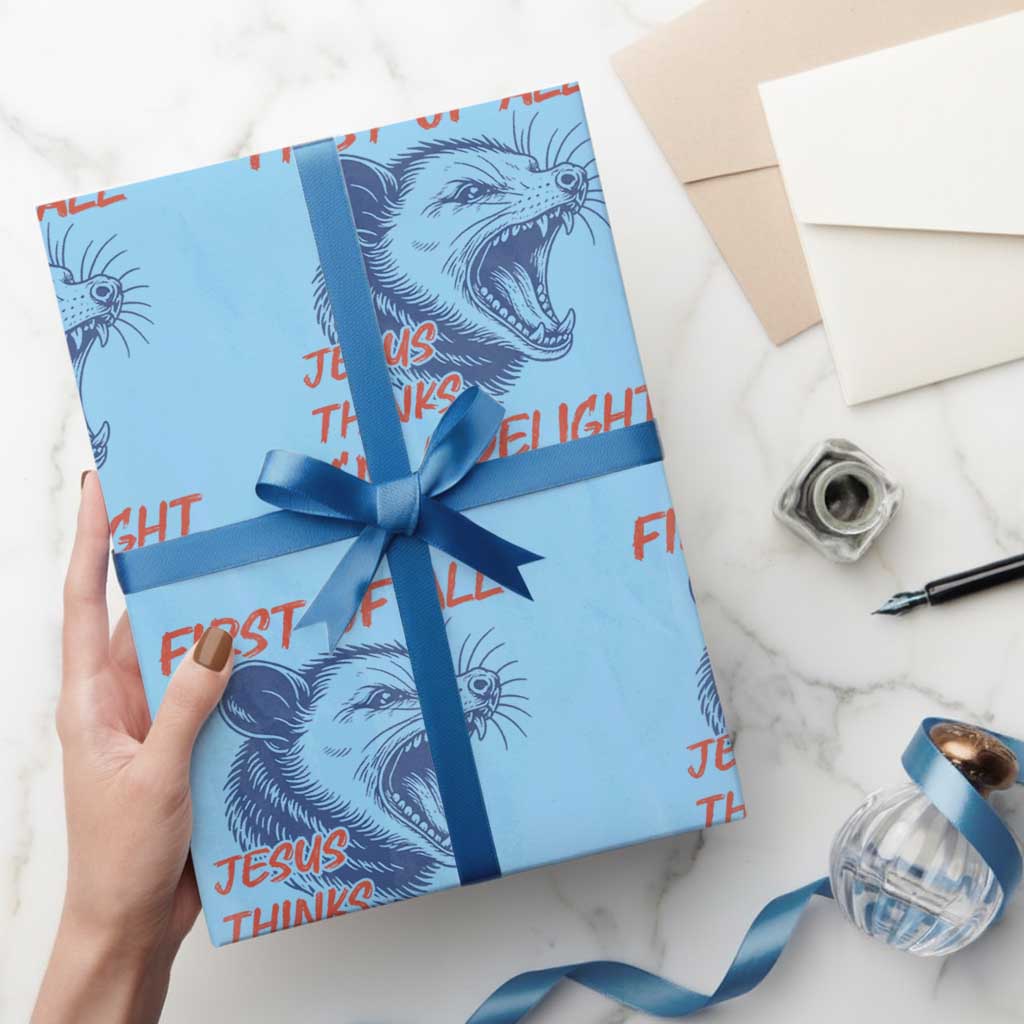First of All Jesus Thinks I'm A Delight Wrapping Paper Roll Funny Opossum Christian TS14 Light Blue Print Your Wear