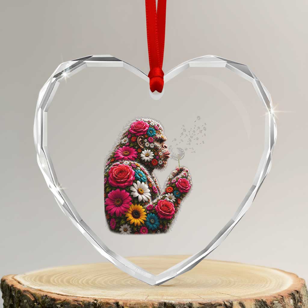 Floral Bigfoot Blowing Wishes Dandelion Heart Crystal Glass Ornament Vintage Sasquatch Art Botanical Wildlife Graphic TS10 Transparent Glass 3'' Heart Print Your Wear