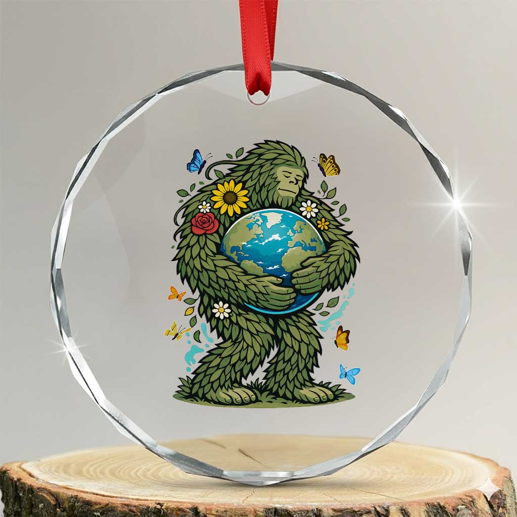 Floral Bigfoot Hugging Earth Crystal Glass Ornament Cottagecore Nature Lover TS12 Transparent Glass 3'' Circle Print Your Wear