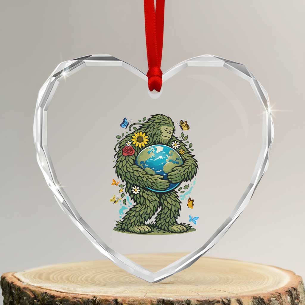 Floral Bigfoot Hugging Earth Heart Crystal Glass Ornament Cottagecore Nature Lover TS12 Transparent Glass 3'' Heart Print Your Wear