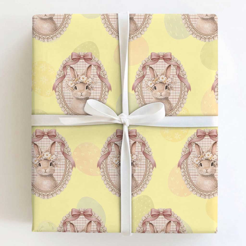 Floral Coquette Easter Bunny Vintage Thrifted Grandma Core Wrapping Paper Roll TS11 Light Yellow Print Your Wear
