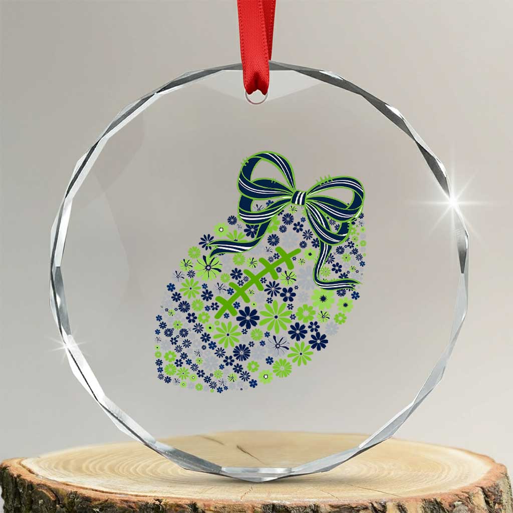 Floral Football With Bow Green And Blue Crystal Glass Ornament Game Day Sports Fan