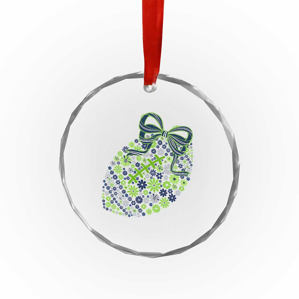 Floral Football With Bow Green And Blue Crystal Glass Ornament Game Day Sports Fan