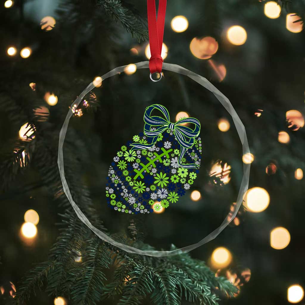 Floral Football With Bow Green And Blue Crystal Glass Ornament Game Day Sports Fan