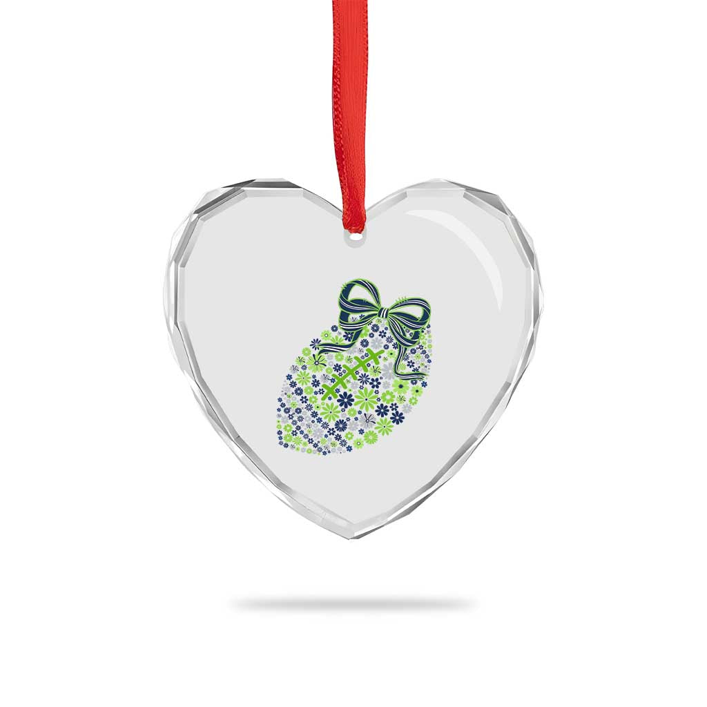 Floral Football With Bow Green And Blue Heart Crystal Glass Ornament Game Day Sports Fan