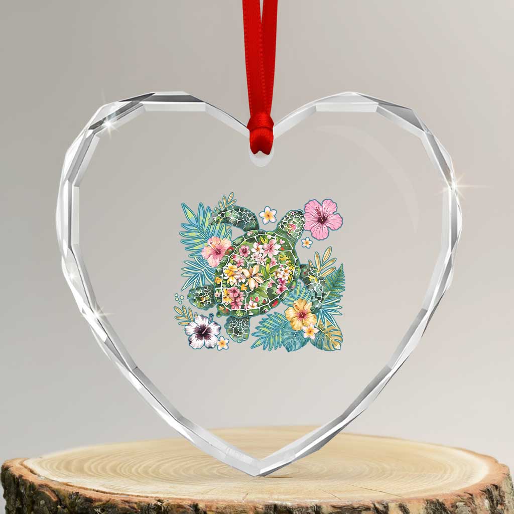 Floral Summer Turtle Heart Crystal Glass Ornament Preppy Tropical Coastal Beach Graphic TS12 Transparent Glass 3'' Heart Print Your Wear