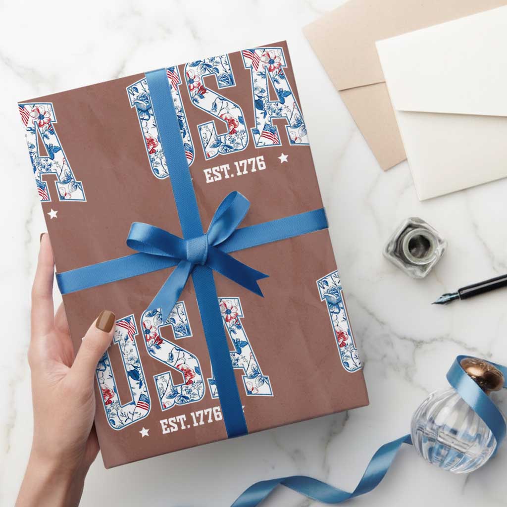Floral USA Wrapping Paper Roll Est 1776 Patriotic American Girl 4th of July TS10 Mocha Print Your Wear
