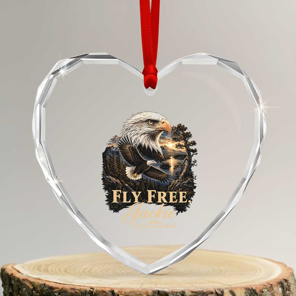 Fly Free Jackie Big Bear Bald Eagle Memorial Heart Crystal Glass Ornament California Valley Sunset Forest Nature Graphic TS02 Transparent Glass 3'' Heart Print Your Wear