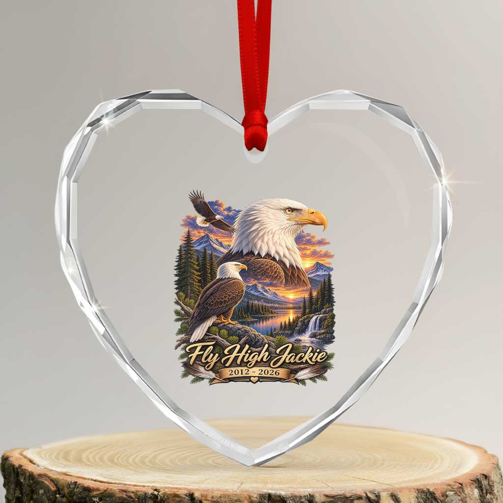 Fly High Jackie Bald Eagle Memorial Heart Crystal Glass Ornament Scenic Mountain Sunset Lake Nature Graphic TS02 Transparent Glass 3'' Heart Print Your Wear