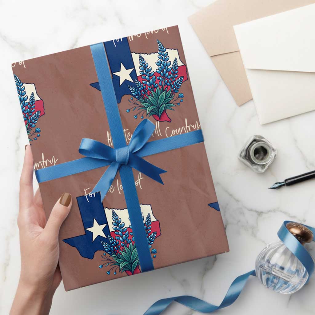 For the Love of the Texas Hill Country Wrapping Paper Roll Bluebonnet Floral Patriotic Flag TS02 Mocha Print Your Wear