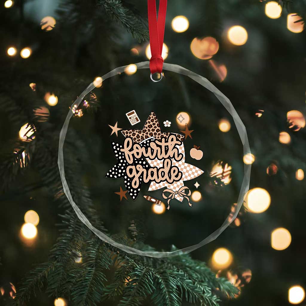 Fourth Grade Leopard Checkered Star Coquette Crystal Glass Ornament Cute 4th Grade Girl Back to School Gift