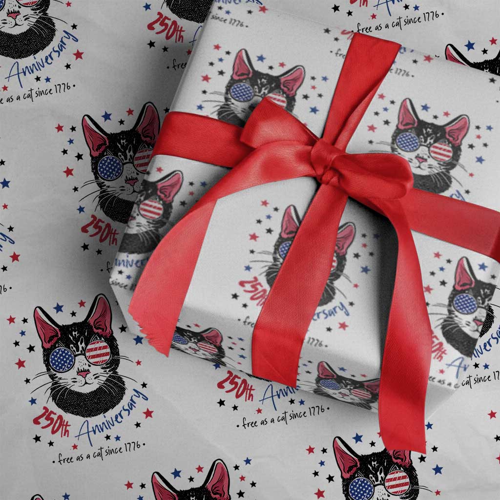 Free As A Cat Since 1776 Funny Patriotic Wrapping Paper Roll Cool American Flag Sunglasses Cat 250th Anniversary Semiquincentennial