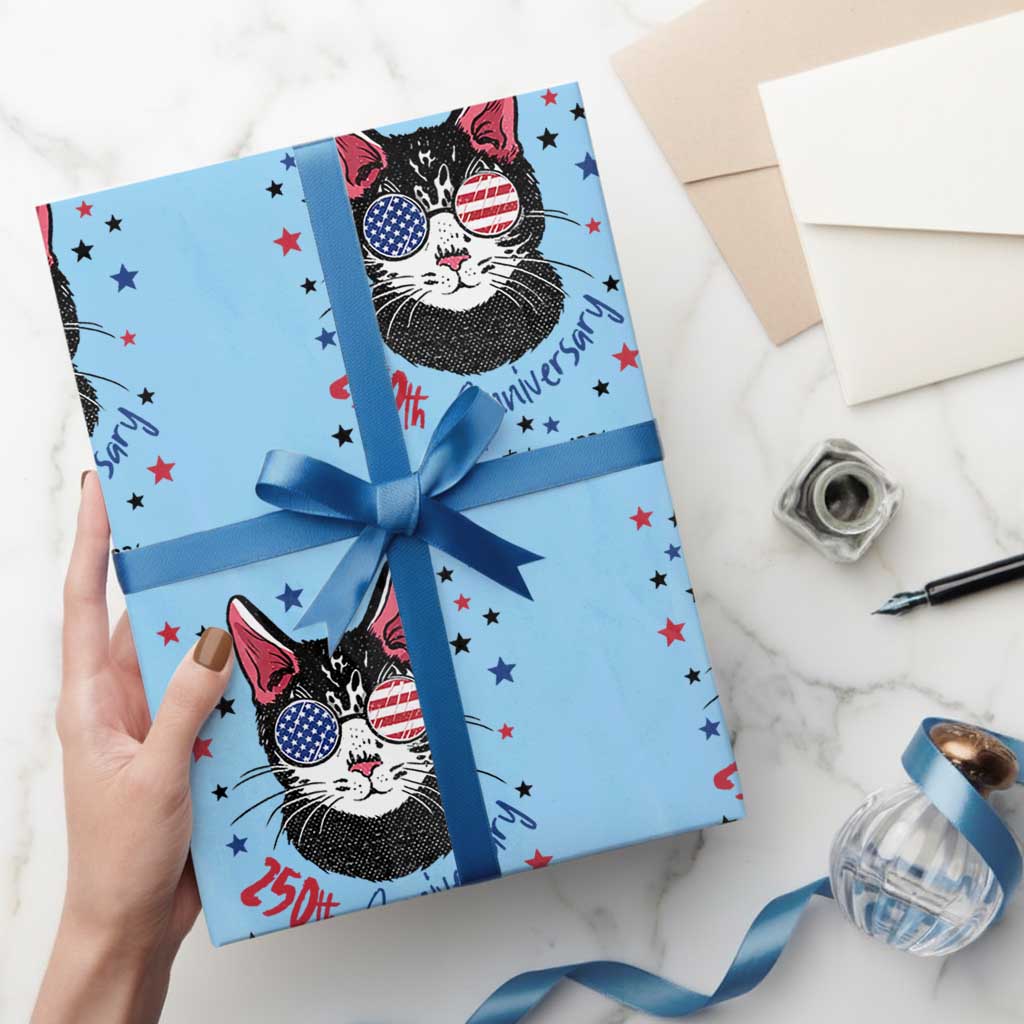 Free As A Cat Since 1776 Funny Patriotic Wrapping Paper Roll Cool American Flag Sunglasses Cat 250th Anniversary Semiquincentennial