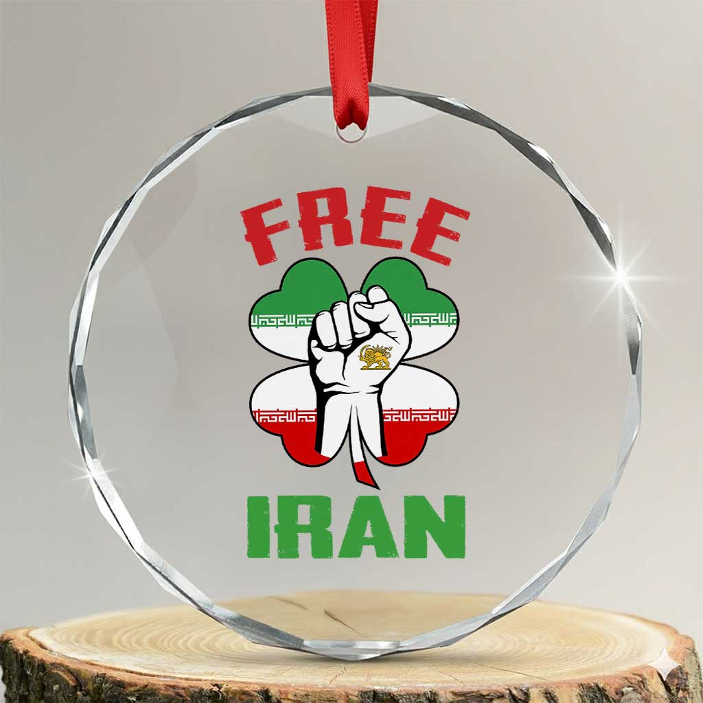 Free Iran Raised Fist and Persian Flag Clover Crystal Glass Ornament Lion and Sun Freedom Fighter Iranian Revolution TS02 Transparent Glass 3'' Circle Print Your Wear