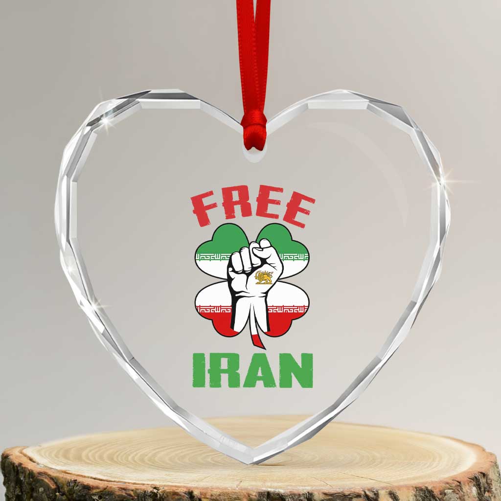 Free Iran Raised Fist and Persian Flag Clover Heart Crystal Glass Ornament Lion and Sun Freedom Fighter Iranian Revolution TS02 Transparent Glass 3'' Heart Print Your Wear