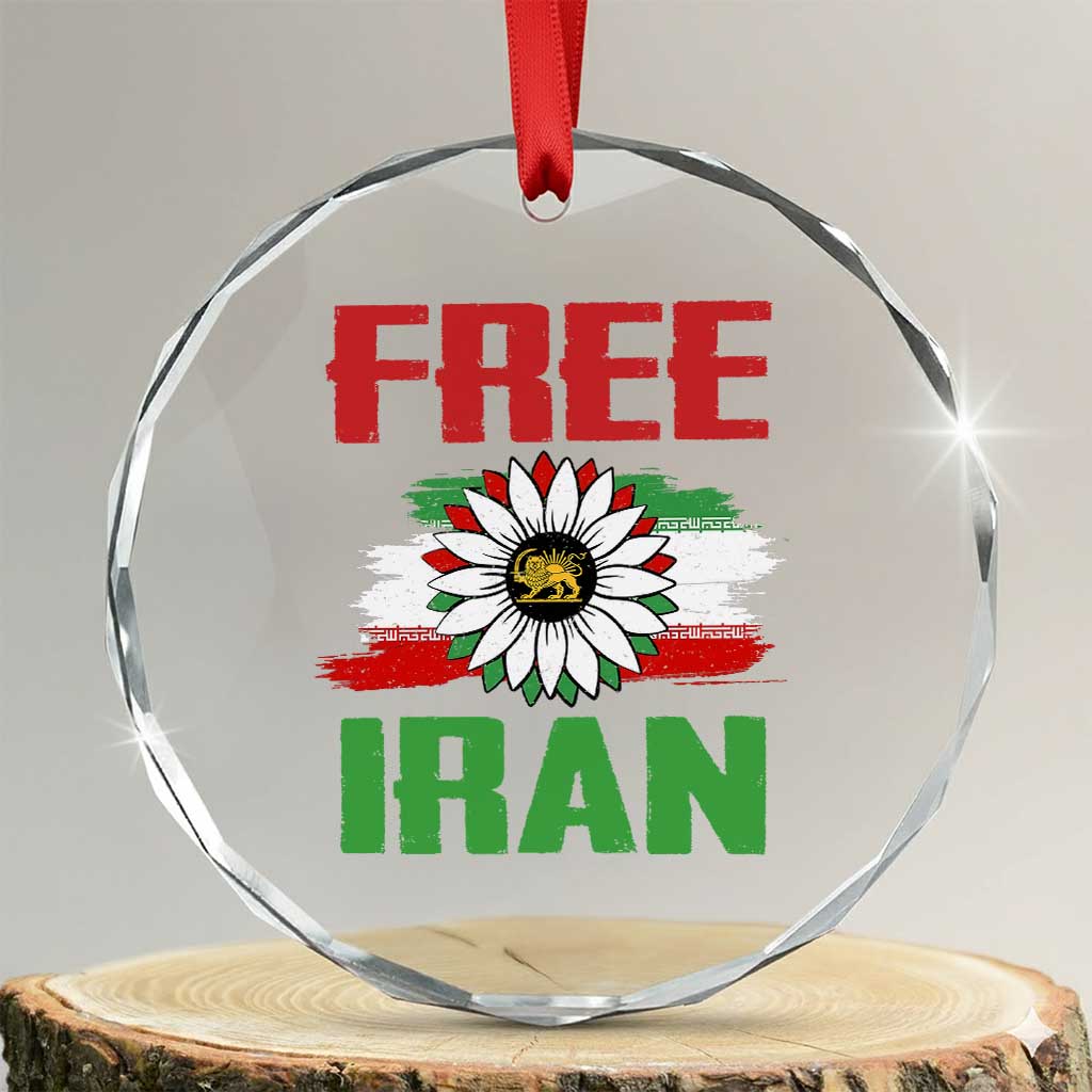 Free Iran Sunflower Crystal Glass Ornament Persian Flag Lion and Su Iranian Revolution Freedom Supporters TS02 Transparent Glass 3'' Circle Print Your Wear