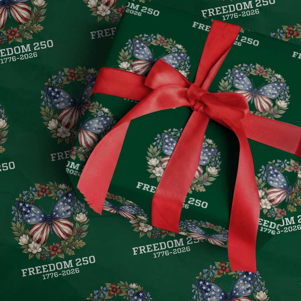 Freedom 250 Years American Flag Butterfly Wrapping Paper Roll Floral Wreath Patriotic 1776-2026 Semiquincentennial Celebration TS02 Green Print Your Wear