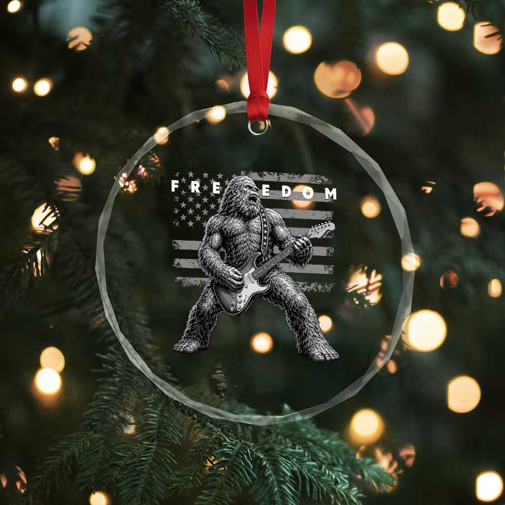 Freedom Bigfoot Playing Electric Guitar Crystal Glass Ornament Sasquatch Rock Star American Flag Patriotic Graphic