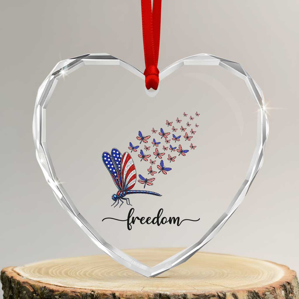 Freedom Dragonfly American Flag 4th Of July Heart Crystal Glass Ornament Patriotic Nature Lover Graphic TS12 Transparent Glass 3'' Heart Print Your Wear