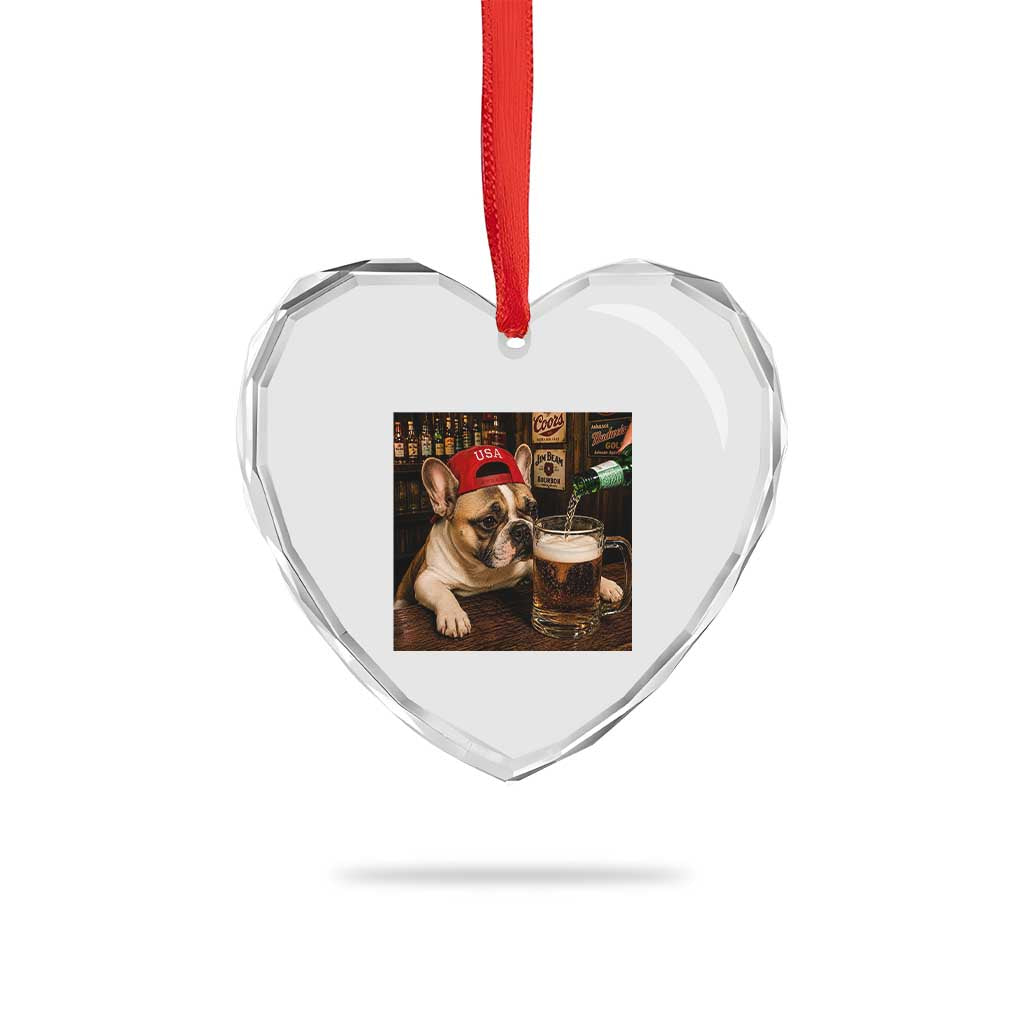 French Bulldog Drinking Beer Heart Crystal Glass Ornament Silly Dog Meme Graphic Sarcastic Gift