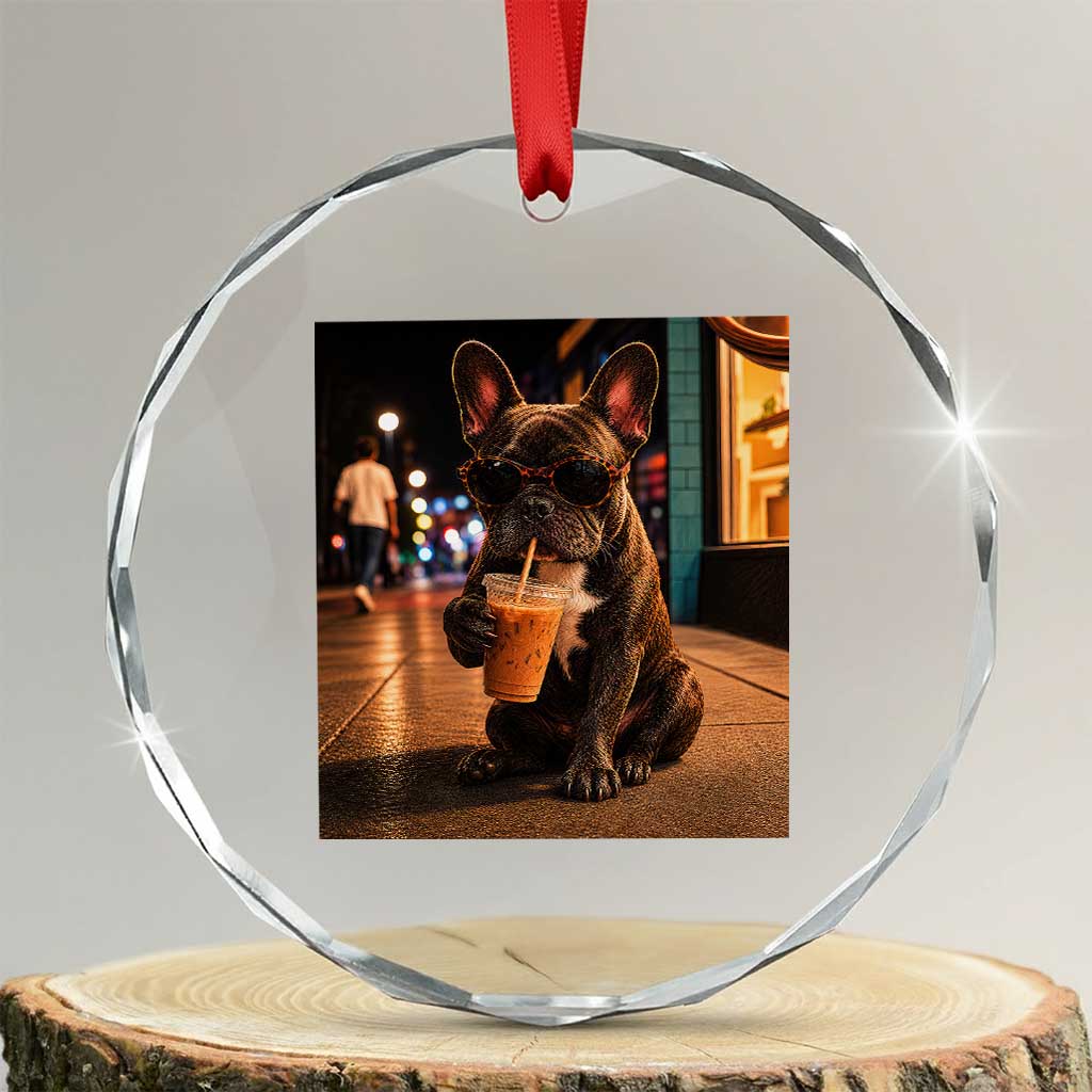French Bulldog Iced Coffee Crystal Glass Ornament Grunge Frenchie Graphic Funny Dog Lover TS10 Transparent Glass 3'' Circle Print Your Wear