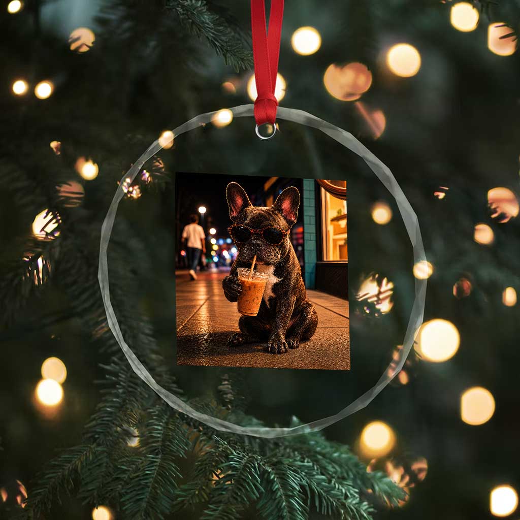 French Bulldog Iced Coffee Crystal Glass Ornament Grunge Frenchie Graphic Funny Dog Lover