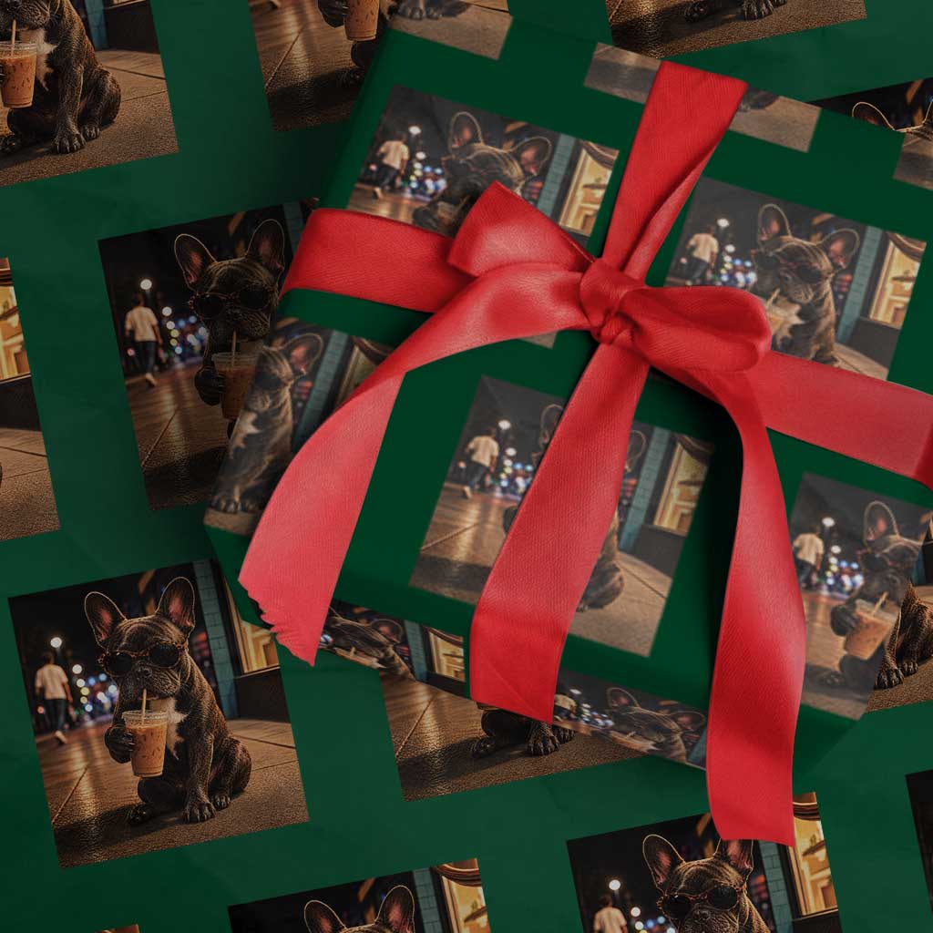 French Bulldog Iced Coffee Wrapping Paper Roll Grunge Frenchie Graphic Funny Dog Lover TS10 Green Print Your Wear