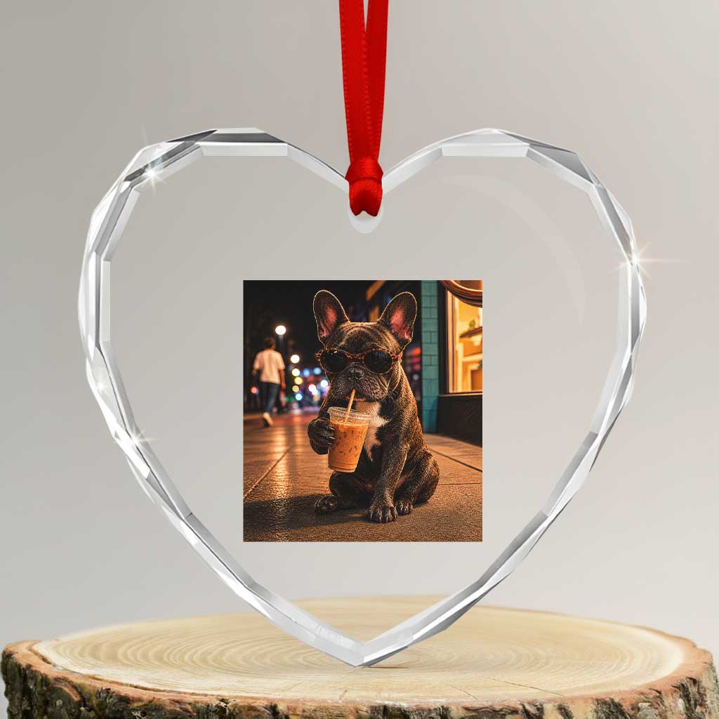 French Bulldog Iced Coffee Heart Crystal Glass Ornament Grunge Frenchie Graphic Funny Dog Lover