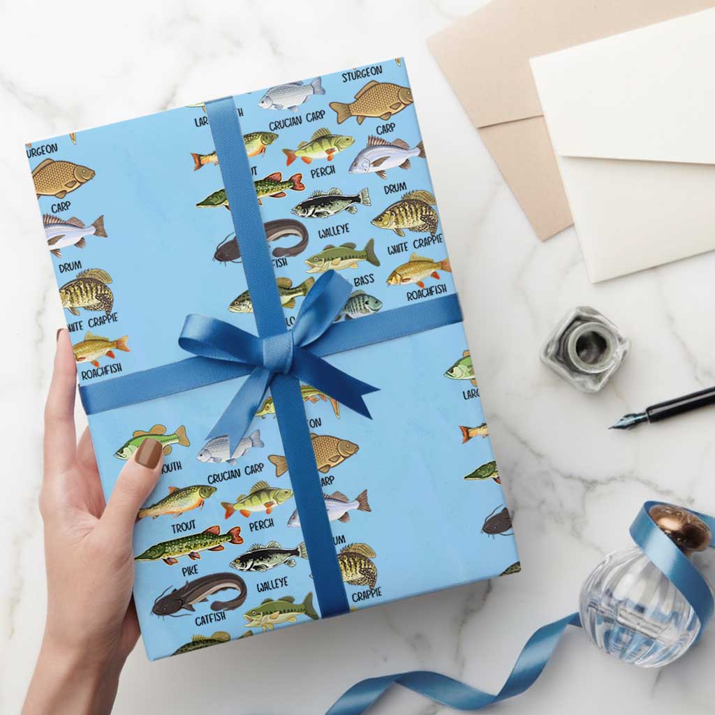Freshwater Fish Species Wrapping Paper Roll Funny Fishing Types Fisherman Dad TS02 Light Blue Print Your Wear