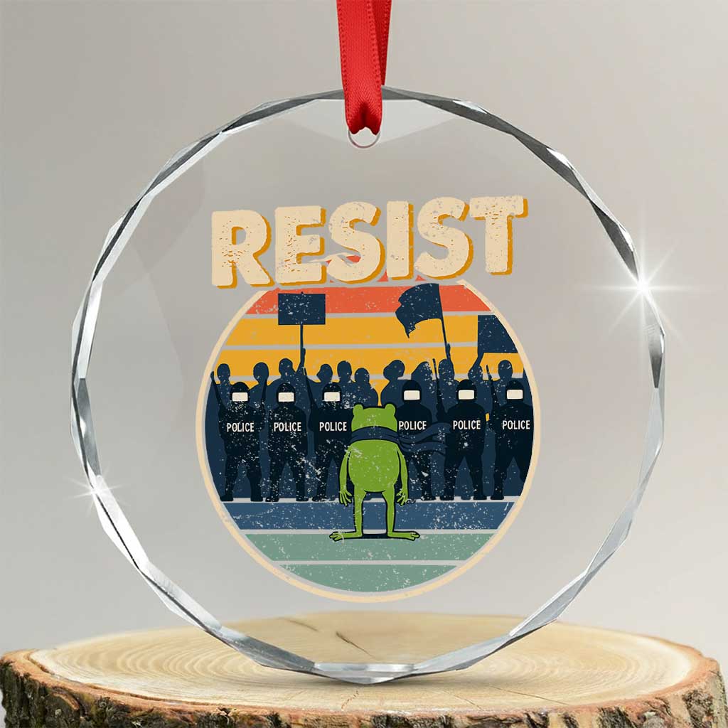 Frog Resist Crystal Glass Ornament Portland Frog Activist Protest Retro Sunset TS11 Transparent Glass 3'' Circle Print Your Wear